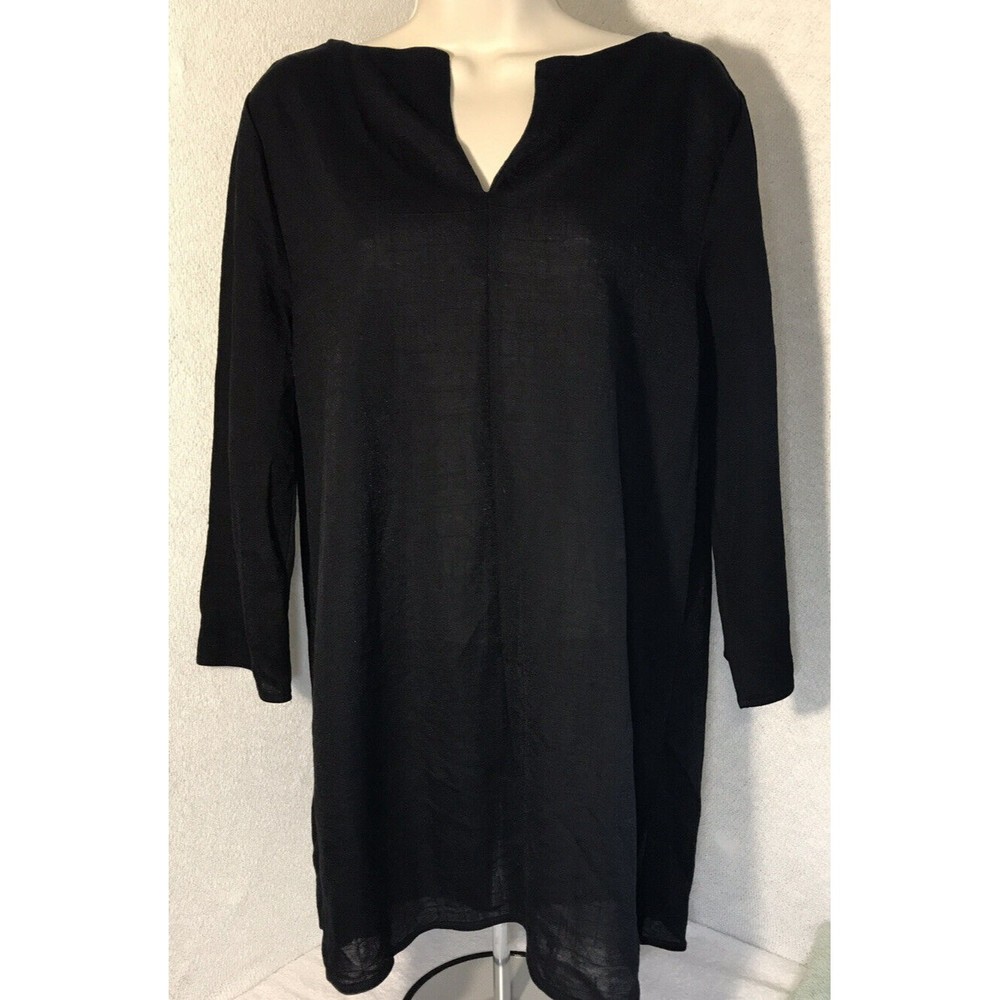 Alfani Womens Blouse Black Pattern Sheer Sz M V-Neck 7” Side Slits Business Top